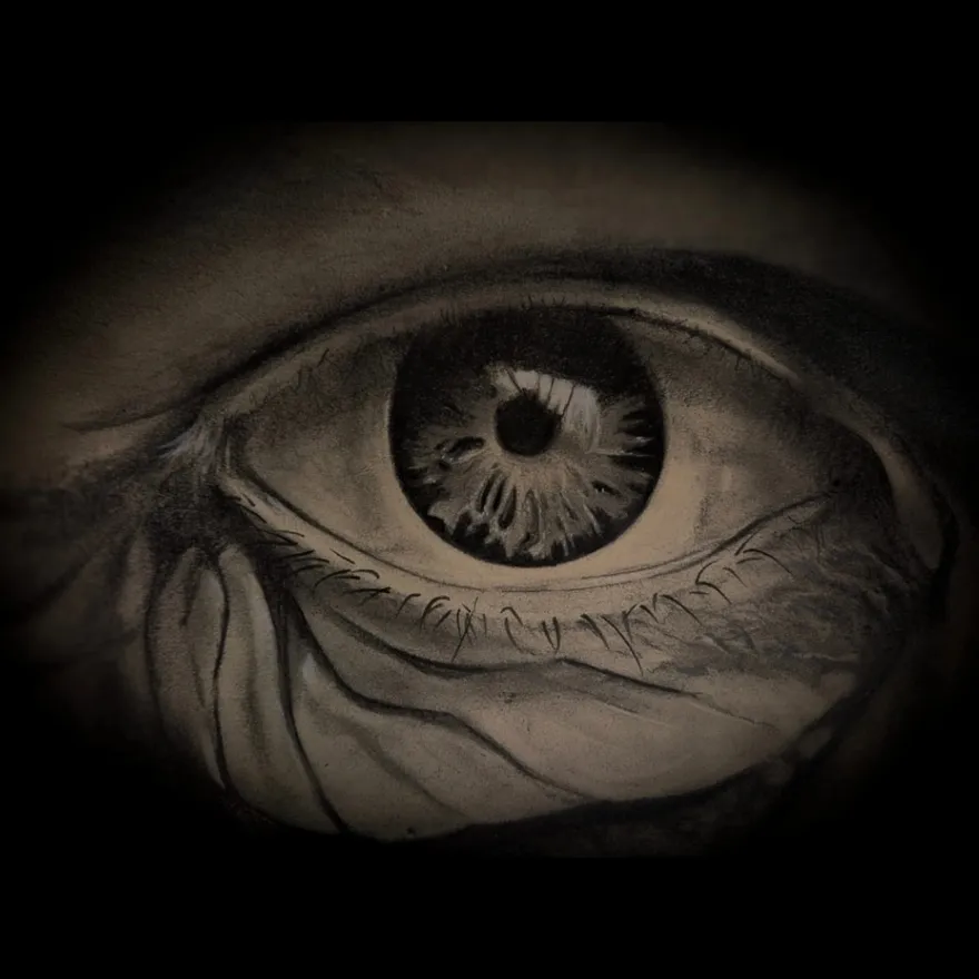 Gaze — intense charcoal close-up of a human eye by Dirk Van Spitaels