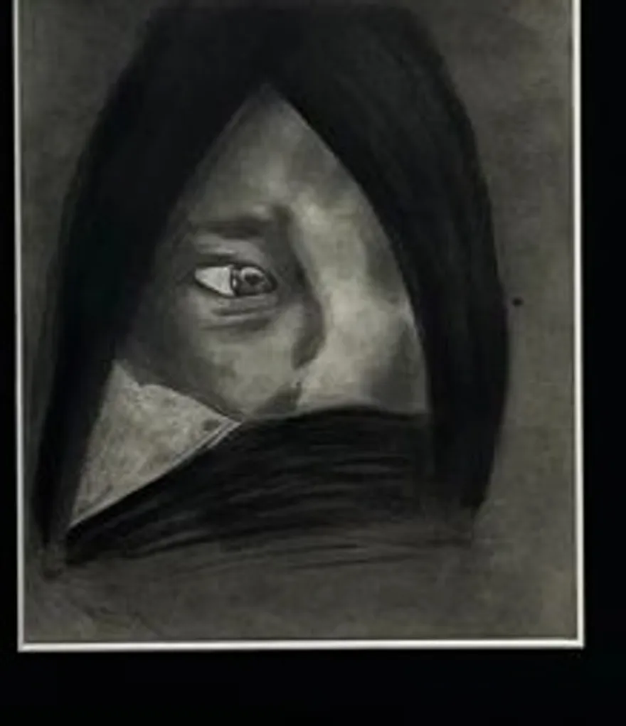 Watcher — charcoal drawing of a hooded figure with one visible eye by Dirk Van Spitaels
