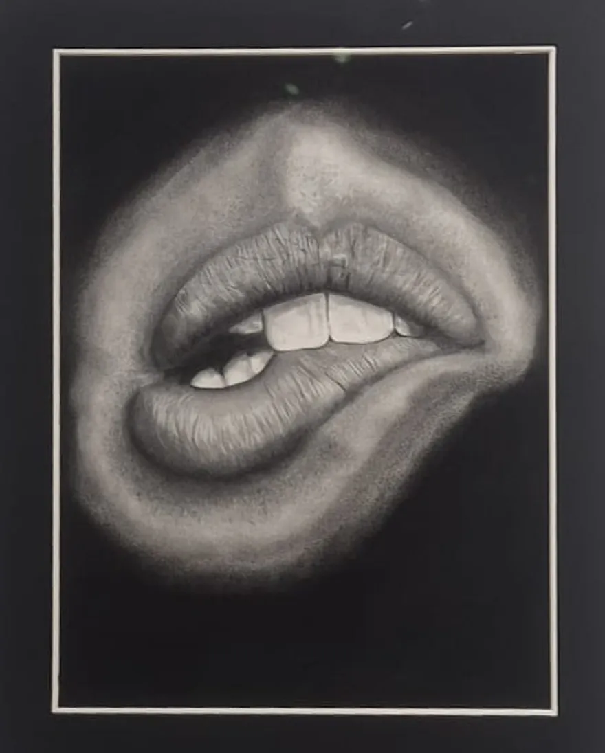 Whisper — charcoal close-up of lips by Dirk Van Spitaels