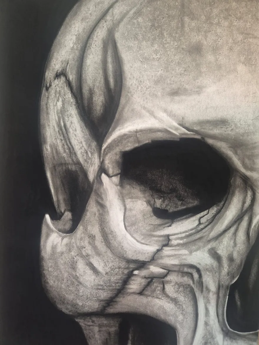 Fragment II — charcoal study of a human skull by Dirk Van Spitaels